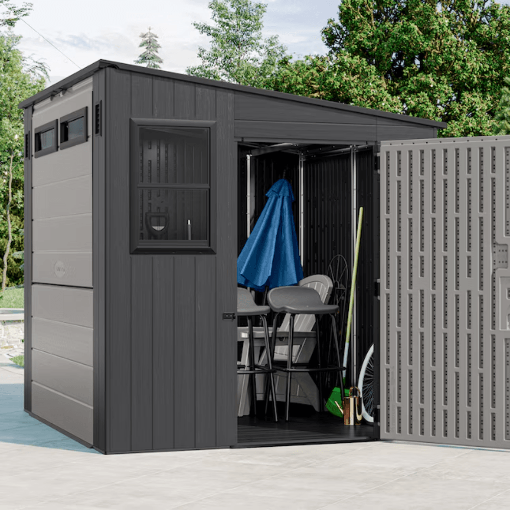 Suncast Cabana Entertainment Shed 2.44 m x 2.13 m Resin Standard Pent Storage Shed with Floor Kit