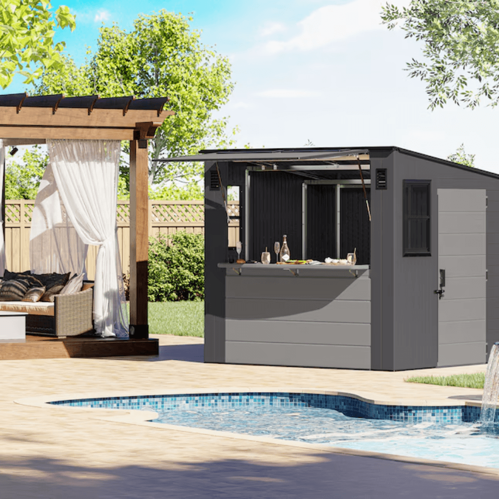 Suncast Cabana Entertainment Shed 2.44 m x 2.13 m Resin Standard Pent Storage Shed with Floor Kit